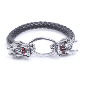 Men's black braided leather bracelet with silver dragon heads and red eyes gemstone