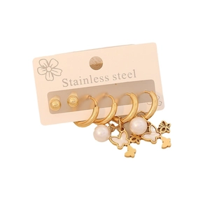 3-pair stainless steel earring set with gold butterfly and faux pearl charms