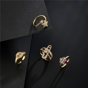 18K gold plated evil eye and star adjustable rings set with cubic zirconia stones