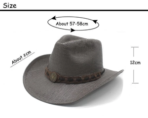 Size chart for grey cowboy sun hat showing 57cm head girth and 8cm brim details