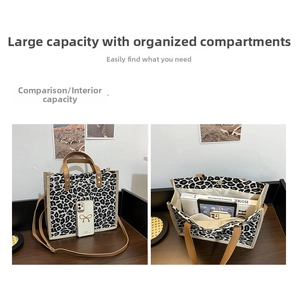 Leopard print tote bag with brown leather handles showing spacious interior for iPad and books