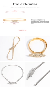 Macro detail of elastic spring waist chain with rhinestone bow and buckle dimensions
