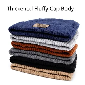 Set of six thick knitted beanies in various colors with warm lining and leather patch