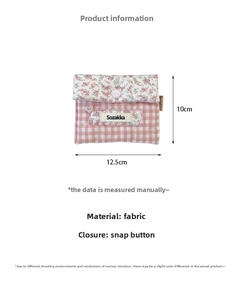 Pink floral fabric pouch with button closure and 12.5x10cm dimensions for sanitary items