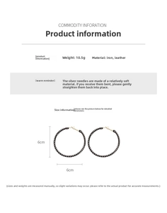 Detailed size chart for 6cm round leather hoop earrings showing 10.5g weight and iron material