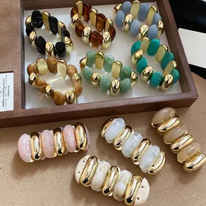 Chunky Oval Acrylic Resin Elastic Bracelet For Women Fashion Gold Plated Metal Patchwork Smudge Marble Texture Bangle