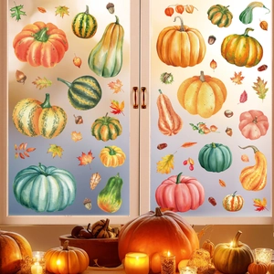 Thanksgiving static window clings with autumn pumpkins and leaves on glass panels