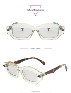 Front and side views of geometric transparent yellow sunglasses with tortoise temples