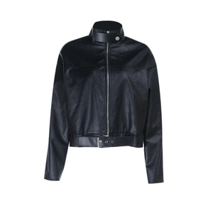 Detail of black faux leather biker jacket with stand collar and adjustable waist belt