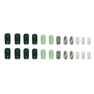 Medium square press-on nails with green stripes and abstract swirl designs, 24 piece set