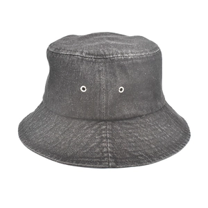 Close-up of vintage dark grey washed denim bucket hat with detailed stitching and texture