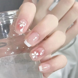 Press On Nails Floral Pink Gradient French White Tip Short Square Round ABS Plastic Sweet Fake Nails For Women