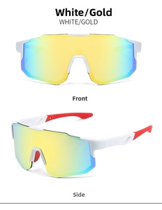 Front and side view of white cycling sunglasses with gold mirrored lens and red tips