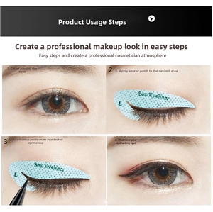 Macro detail of the four-step application process for sex eyeliner stencil stickers
