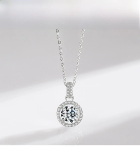 Detailed close-up of a sparkling S925 sterling silver halo pendant with brilliant zircon