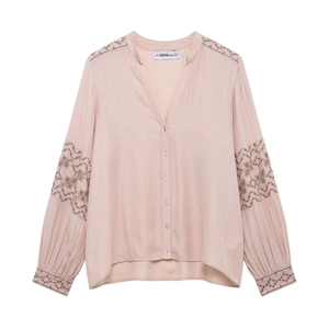 Women Pink Embroidered Long Sleeve V Neck Blouse Vintage Style Pleated Woven Polyester Button Down Shirt Ladies Top