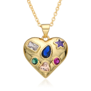 Bohemian pink heart necklace with colorful zircon stones in 14K gold plated finish