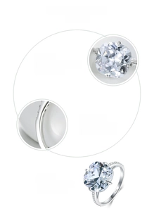 Detailed views of S925 sterling silver ring with 5-carat cushion-cut cubic zirconia stone