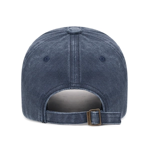 Rear view of washed cotton baseball cap with adjustable bronze metal buckle