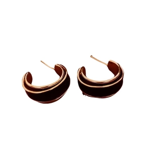 Elegant rose gold C-shaped hoop earrings with dark brown enamel inlay for women
