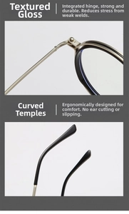 Detail of sturdy integrated hinge and ergonomic non-slip temples on round glasses frames