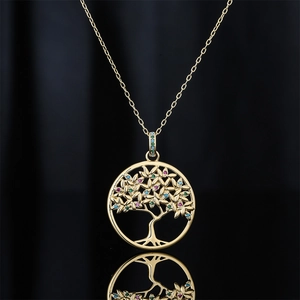 18K gold plated tree of life pendant necklace with colorful micro-inlaid zircon gems