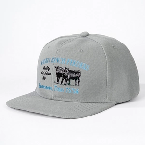 Grey cotton snapback hat with Whiskey Ranch embroidery shown from a 45-degree angle