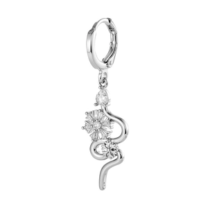 Silver snake-shaped earrings with snowflake charms and sparkling crystals on white background