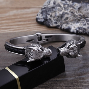 Vintage stainless steel wolf head cuff bracelet with black braided leather strap for men