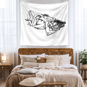 Minimalist body art line drawing tapestry hanging over a bed in a cozy bedroom