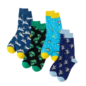 Detail of four pairs of cotton crew socks featuring colorful alien and animal patterns