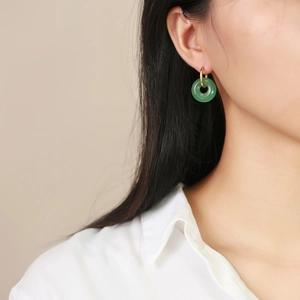Boucles d'oreilles créoles vintage en aventurine verte et acier plaqué or 18 carats