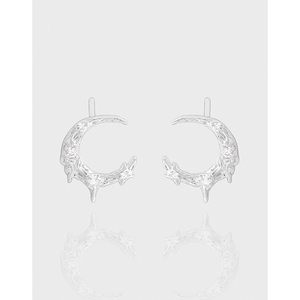 925 Sterling Silver Moon Stud Earrings For Women With Cubic Zirconia Niche Textured Design Minimalist Jewelry