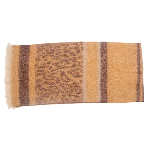 Detail of leopard print patchwork knit scarf with fringe edges in camel tones