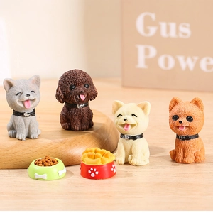 Set of 4 cute resin puppy figurines with food bowls for miniature garden landscape