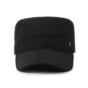 Men's black knitted flat top military hat with warm fleece lining and sport logo detail