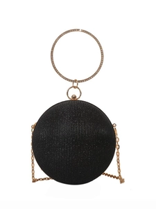 Elegant black spherical evening clutch bag with glitter finish and rhinestone ring handle