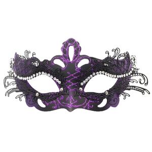 Elegant laser-cut metal butterfly masquerade mask with purple glitter and white rhinestones