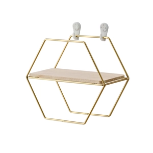 Nordic hexagonal wall shelf with golden iron frame and wood base, 45-degree angle view
