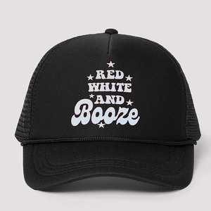 Adjustable black trucker cap featuring Red White and Booze print with mesh back
