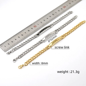 Detail of 8mm stainless steel screw link bracelets showing size and weight specs