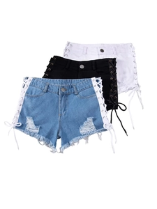 Pantaloncini di jeans sexy a vita alta con lacci laterali e orli sfrangiati in 3 colori