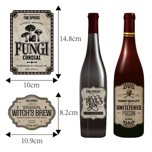 Gothic Halloween wine bottle labels with Evil Spirits and Witch's Brew designs