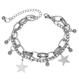 Detail of layered stainless steel chain bracelet with star charms and polished beads