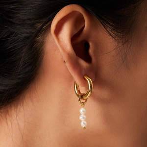 18K gold plated hoop earrings with asymmetric natural freshwater pearl pendants for women