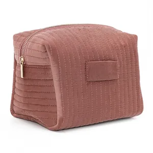 Quilted velvet makeup bag in dusty rose pink with gold zipper for large capacity storage