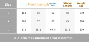 Detailed size chart for women's bomber jacket with bust, length, and sleeve measurements