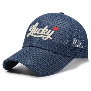 Navy blue breathable mesh baseball cap with Lucky embroidery and red heart detail