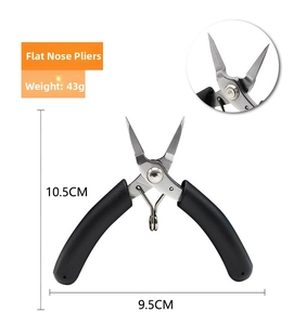 Detailed size chart of mini flat nose pliers with black non-slip handle and spring