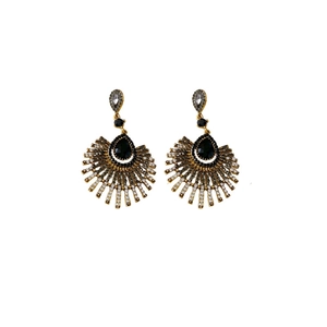 Boucles d'oreilles vintage en or avec pierres noires en goutte et accents en éventail